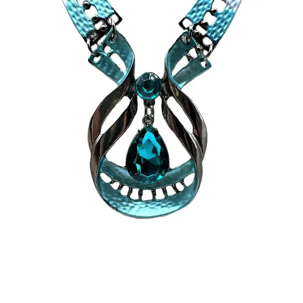 NEW Blue Crystal Silver Tone Drop Earrings Necklace Set - Picture 2 of 15